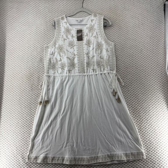 J Jill White Stone Embroidered Sleeveless Dress Drawstring Waist Women's M - Picture 1 of 9